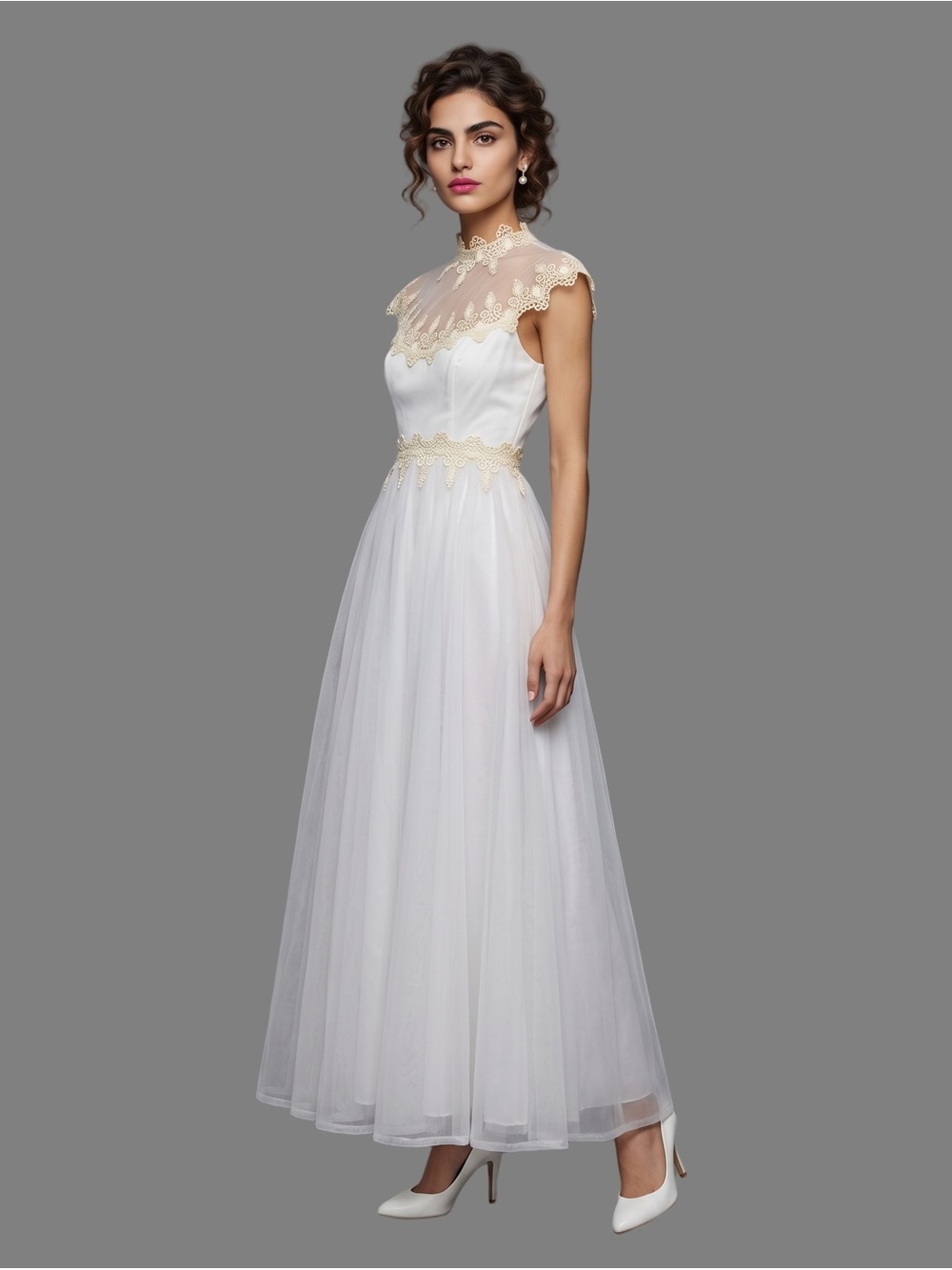 VINTAGE Ivory White Sleeveless Evening gown Lace trim Sheer High neckline Luxe - Picture 16 of 16